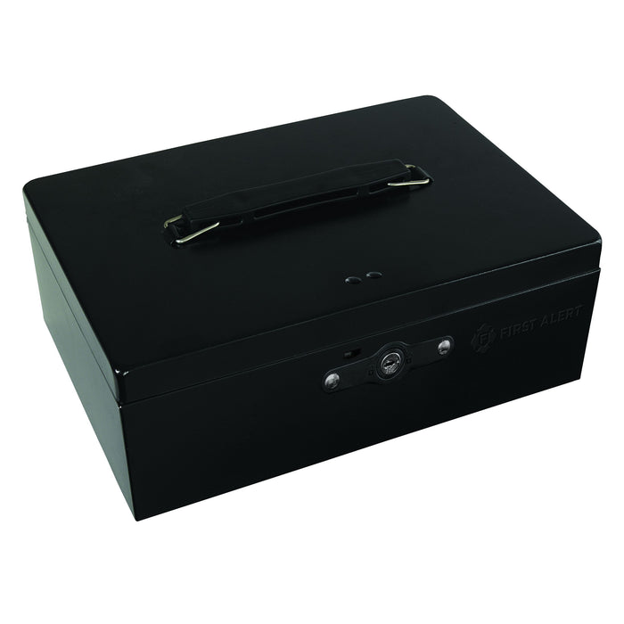 First Alert locking Cash Security Box, made from powder coated steel, Removable 7 compartment cash tray. Model 3020F