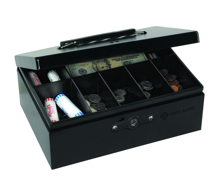 First Alert locking Cash Security Box, made from powder coated steel, Removable 7 compartment cash tray. Model 3020F