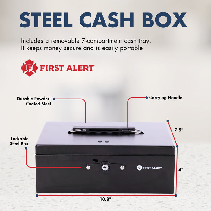 First Alert locking Cash Security Box, made from powder coated steel, Removable 7 compartment cash tray. Model 3020F