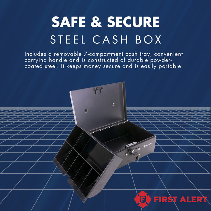First Alert locking Cash Security Box, made from powder coated steel, Removable 7 compartment cash tray. Model 3020F