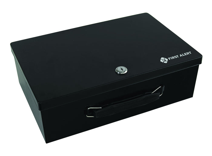 First Alert locking Fire Retardant Cash Security Box, made from powder coated steel, Double steel wall construction and interior lining. Model 3031F