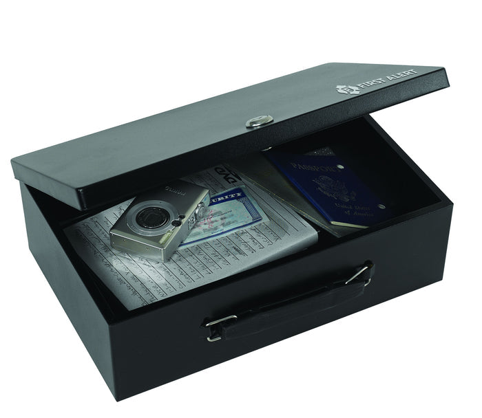 First Alert locking Fire Retardant Cash Security Box, made from powder coated steel, Double steel wall construction and interior lining. Model 3031F