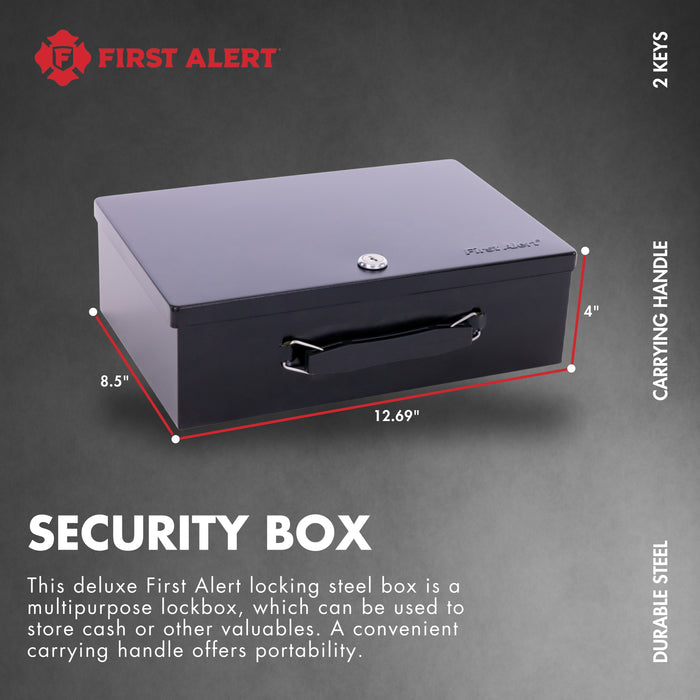 First Alert locking Fire Retardant Cash Security Box, made from powder coated steel, Double steel wall construction and interior lining. Model 3031F