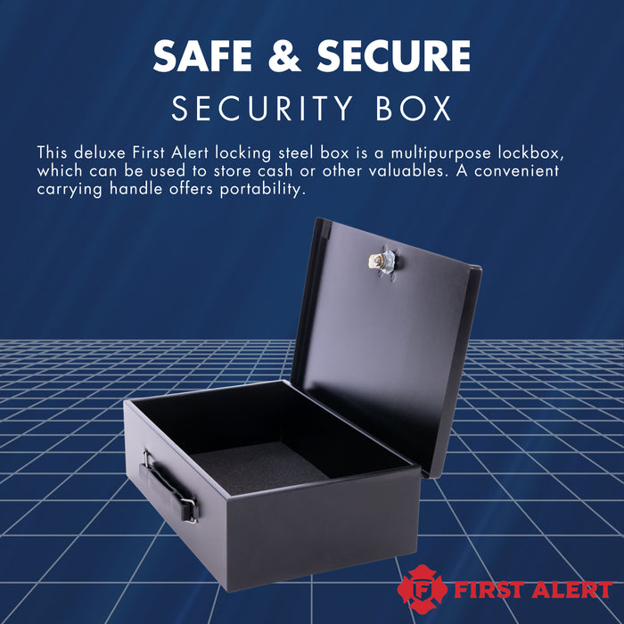 First Alert locking Fire Retardant Cash Security Box, made from powder coated steel, Double steel wall construction and interior lining. Model 3031F