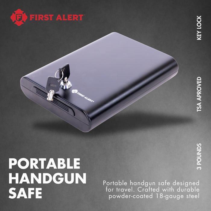 First Alert TSA Approved Compact Portable hand gun safe, anti-pry edges, anchoring holes and steel security cable, made from 18-gauge powder coated steel.  Model 5100K