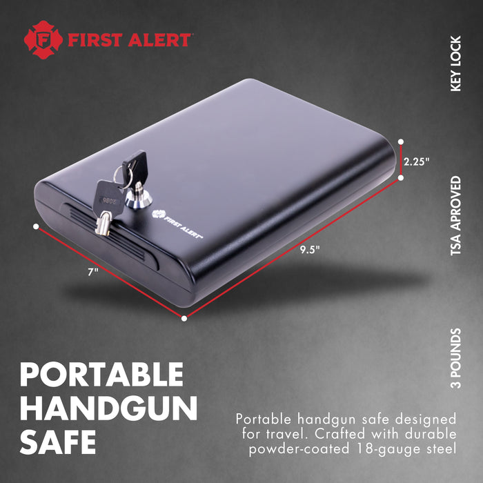 First Alert TSA Approved Compact Portable hand gun safe, anti-pry edges, anchoring holes and steel security cable, made from 18-gauge powder coated steel.  Model 5100K