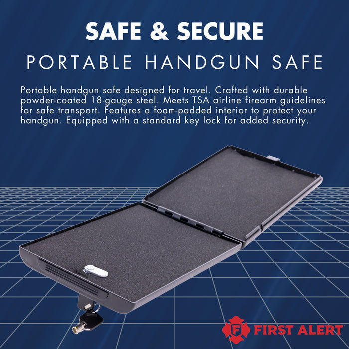First Alert TSA Approved Compact Portable hand gun safe, anti-pry edges, anchoring holes and steel security cable, made from 18-gauge powder coated steel.  Model 5100K