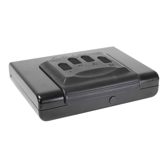 First Alert TSA Approved Quick Access Hand gun safe.  Features digital electronic lock and Emergency Access Override Key, anti-pry edges, anchoring holes and steel securty cable, made from 18-gauge powder coated steel.  Model 5200DF