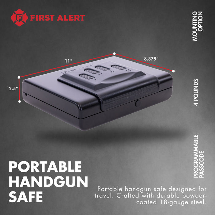 First Alert TSA Approved Quick Access Hand gun safe.  Features digital electronic lock and Emergency Access Override Key, anti-pry edges, anchoring holes and steel securty cable, made from 18-gauge powder coated steel.  Model 5200DF