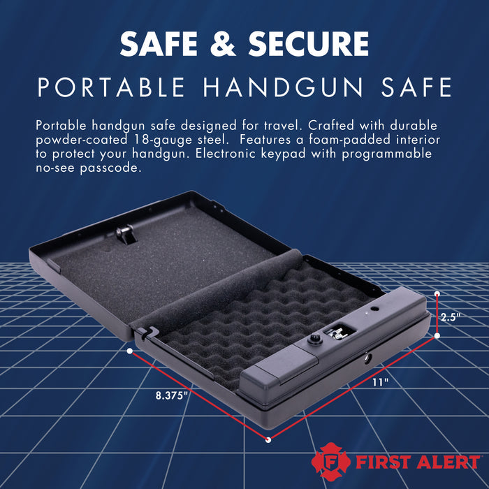 First Alert TSA Approved Quick Access Hand gun safe.  Features digital electronic lock and Emergency Access Override Key, anti-pry edges, anchoring holes and steel securty cable, made from 18-gauge powder coated steel.  Model 5200DF
