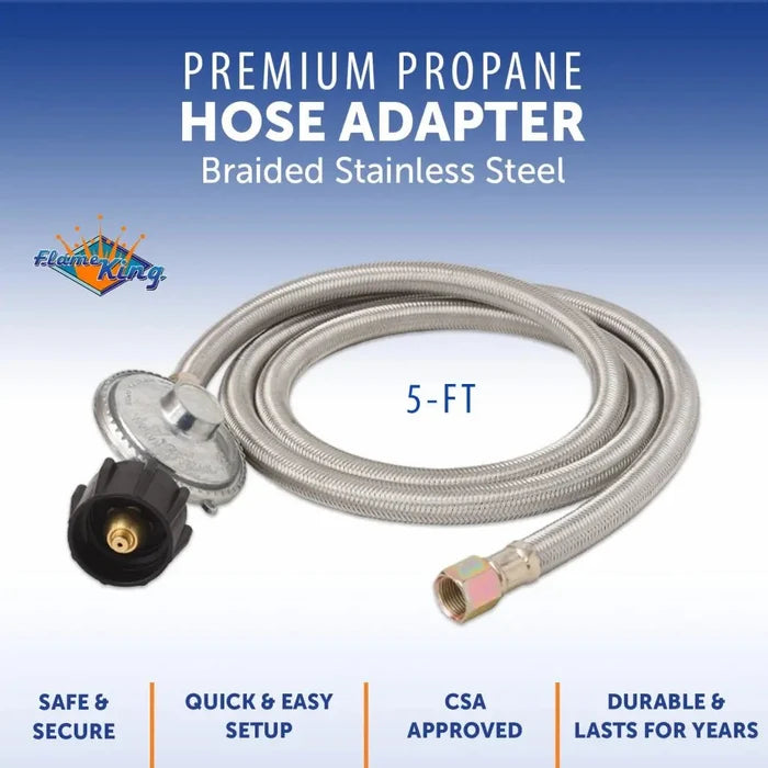 Flame King 5' QCC to 3/8″ Female Flare Nut w/Regulator-Steel Braided Hose Outdoor Grill Accessories 12042138