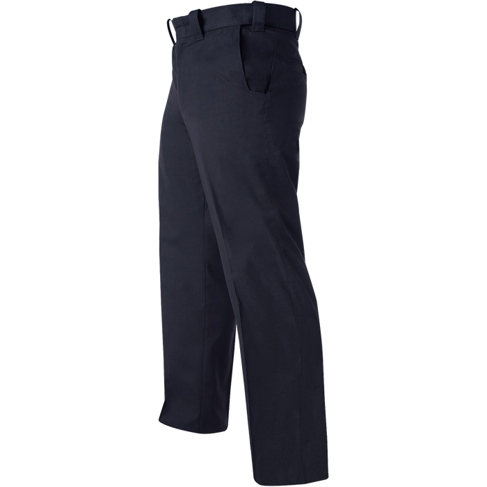 Product shot of dark navy blue work pants featuring a front pocket and a straight leg design against a white background