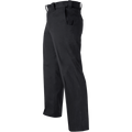 Product shot of black pants showing a side profile with a visible front pocket and a flat front showing subtle texture and clean lines