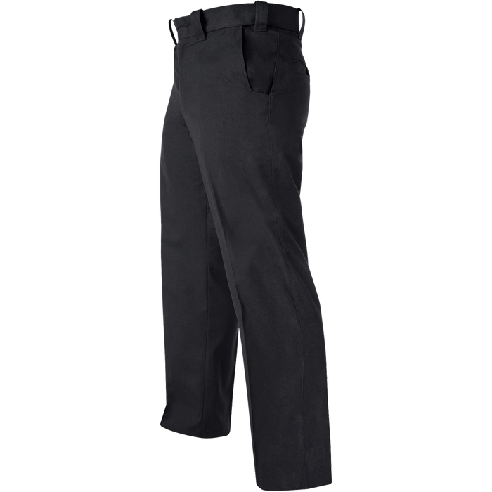 Product shot of black pants showing a side profile with a visible front pocket and a flat front showing subtle texture and clean lines