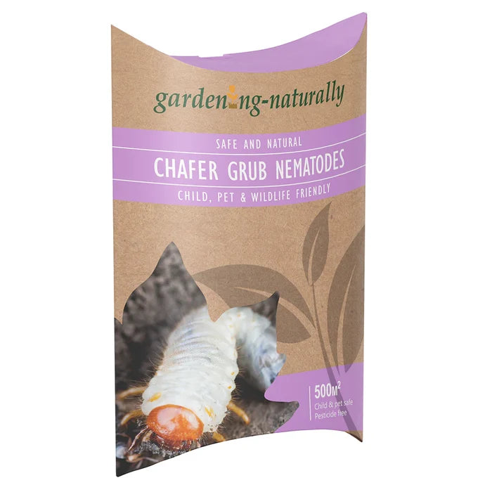Front packaging of the Gardening Naturally 500m2 chafer grub nematodes