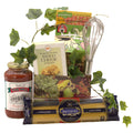 Gourmet Italian gift basket with pasta, cheese straws, marinara, and boxed noodles