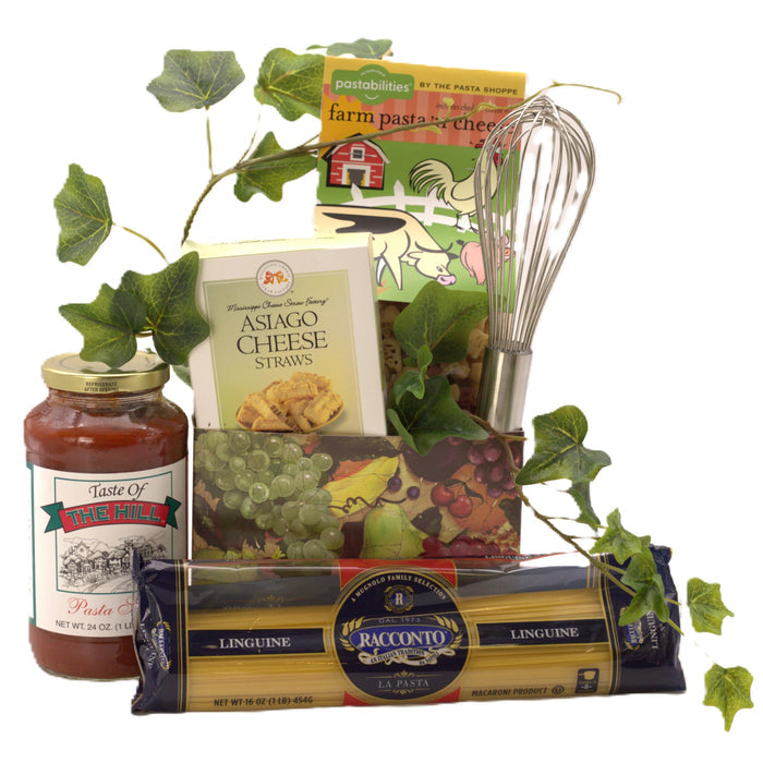 Gourmet Italian gift basket with pasta, cheese straws, marinara, and boxed noodles