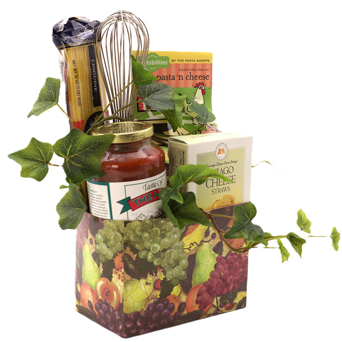 Italian gift basket with pasta, cheese straws, marinara jar, and spaghetti bundles