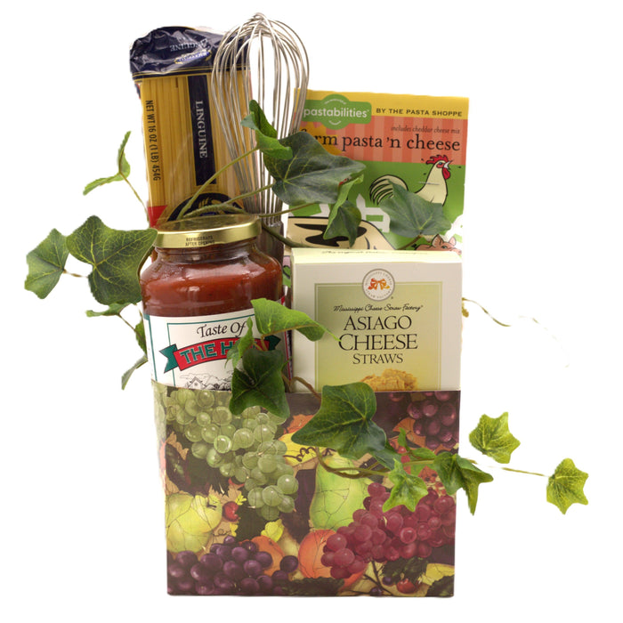 Italian gift basket with pasta, cheese straws, marinara, and linguine bundles in bag