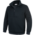 Product shot of a Flying Cross brand black soft shell jacket featuring a half zip and contrasting stitching details
