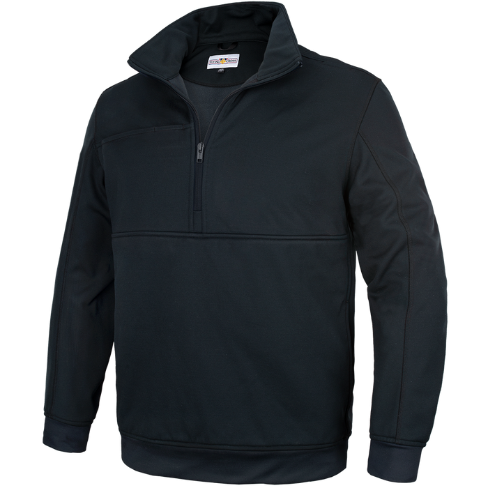 Product shot of a Flying Cross brand black soft shell jacket featuring a half zip and contrasting stitching details