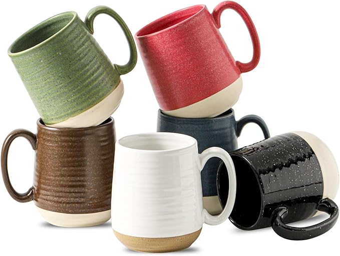 Ceramic coffee mug set of 6, six colorful mugs with handles, speckled and solid finishes
