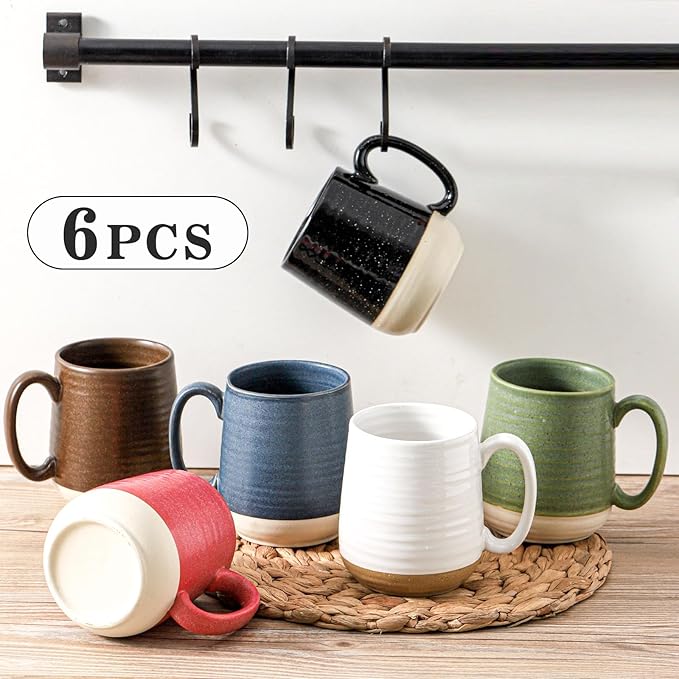 Ceramic coffee mugs set of 6 with handles, assorted colors on woven tray