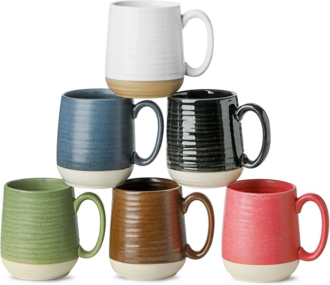 Ceramic coffee mug set of 6, assorted colors with curved handles and white interiors
