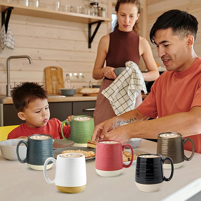 Ceramic coffee mugs set with handles in assorted blue, green, pink, black, and white