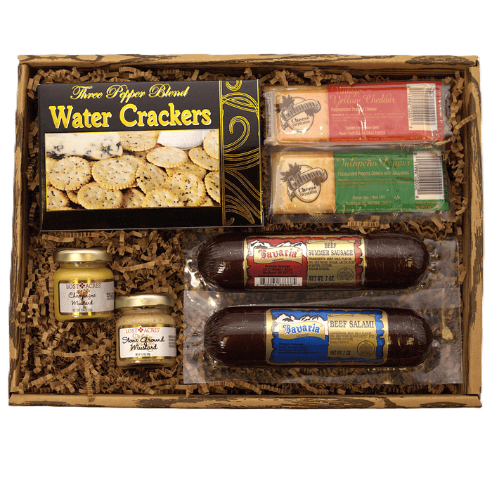 Wooden gift basket with water crackers, sausage, and cheese spread jars