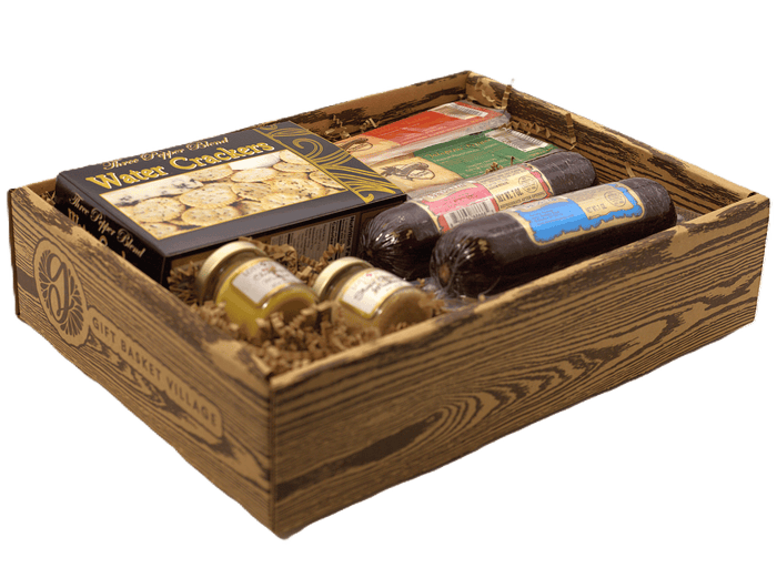 Wooden gift basket tray with crackers, salami links, and assorted snack items