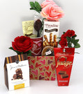 Heart-pattern gift box with red roses and assorted chocolates and cookies