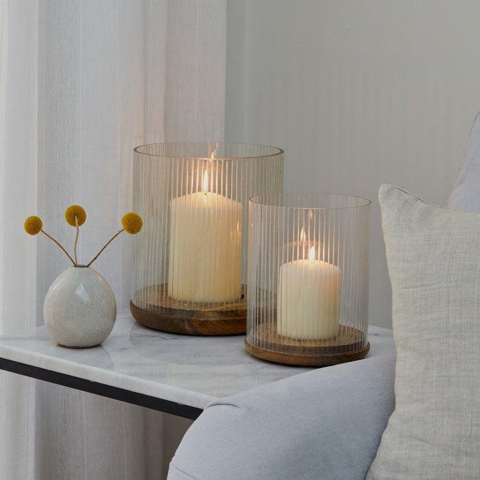 Buy Ivyline Amelia Ribbed Glass Wooden Candle Holder online UK