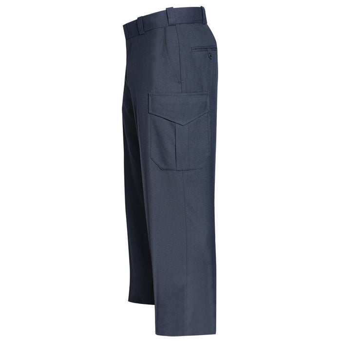 Product shot of dark navy blue cargo pants featuring a belted waist a flap pocket and subtle creases showing texture
