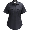 Product shot of a Flying Cross women's short-sleeve navy blue uniform shirt featuring two breast pockets, a button-down front, and a subtle sheen