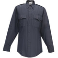 Product shot of a dark navy blue long-sleeved uniform shirt featuring button-down front flap pockets and a classic collar with subtle stitching details