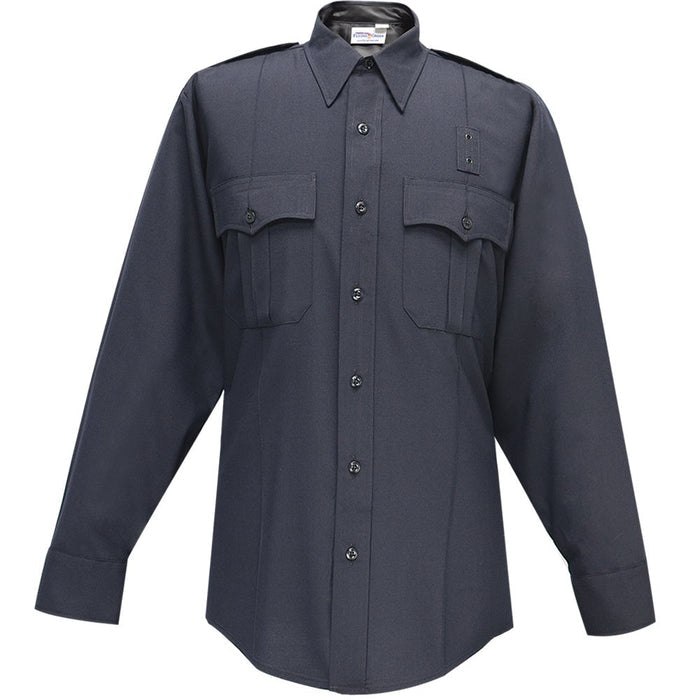 Product shot of a dark navy blue long-sleeved uniform shirt featuring button-down front flap pockets and a classic collar with subtle stitching details