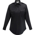 Product shot of a Flying Cross women's long sleeve black uniform shirt featuring button closures, two breast pockets, and epaulets.