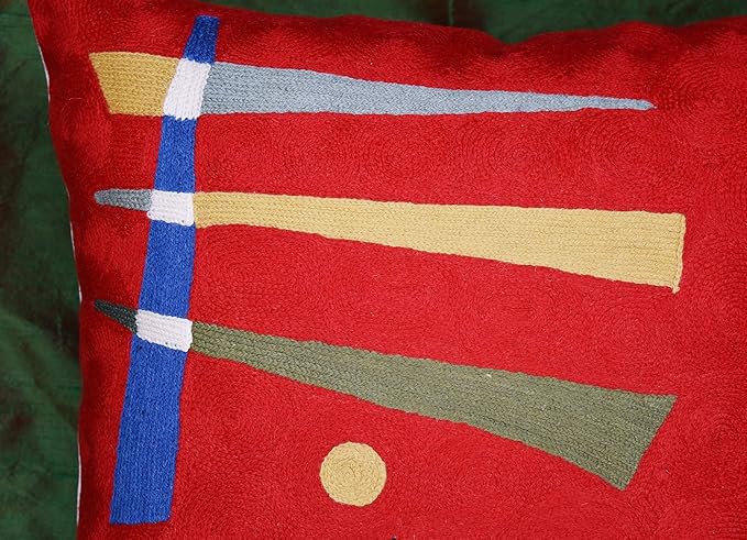 Red abstract pillow cover with blue vertical cross, beige and gray stripes