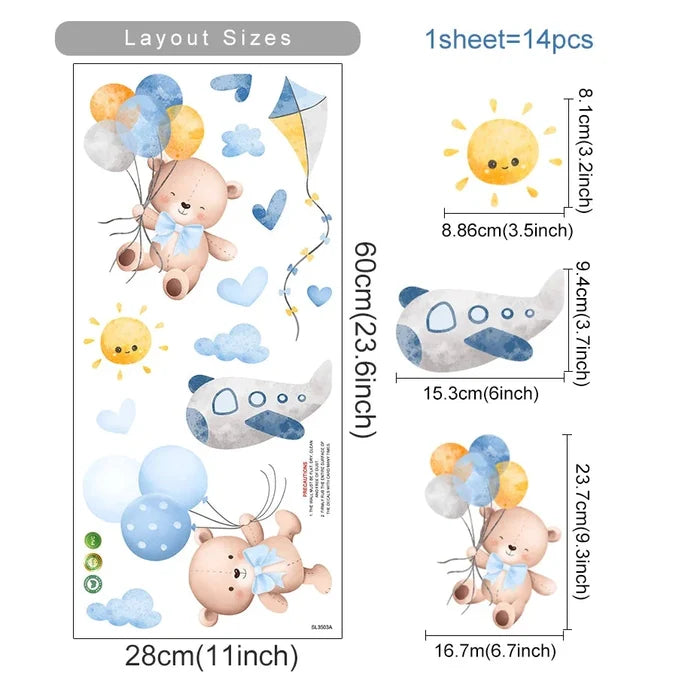 Kids & Nursery Wall Stickers – Watercolour Bears, Hearts & More | Self-Adhesive Peel & Stick | Nursery, Bedroom & Playroom Decor