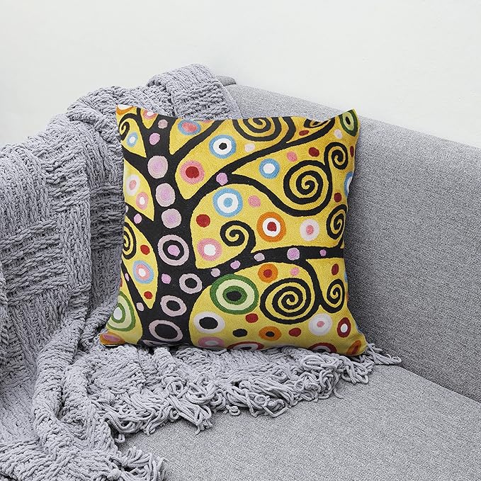 18x18 pillow cover, yellow and purple abstract swirl and dot motif