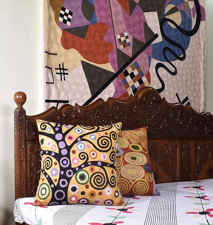 18x18 pillow cover with multicolor abstract swirl and dot pattern on yellow
