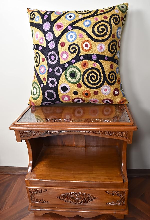 18x18 pillow cover with yellow, purple, green, and black abstract swirl motif