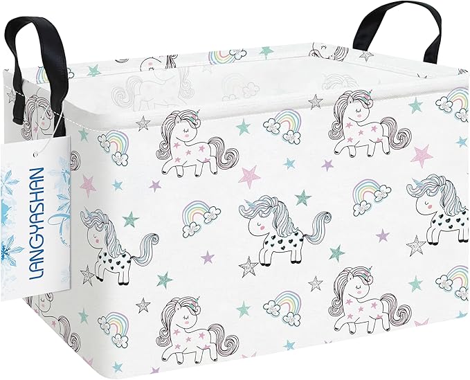 Rectangular canvas storage bin with handles, white unicorn print, collapsible design