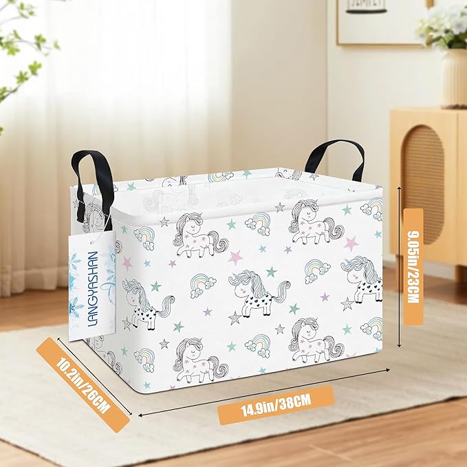 Rectangular collapsible canvas storage bin with handles, white unicorn print