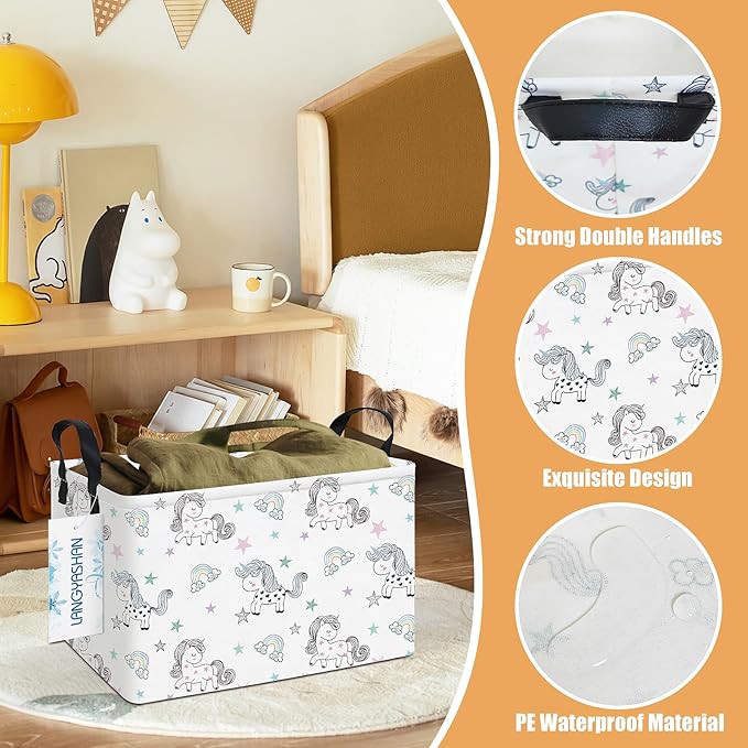 Foldable canvas storage bin with double handles, white unicorn pattern, collapsible