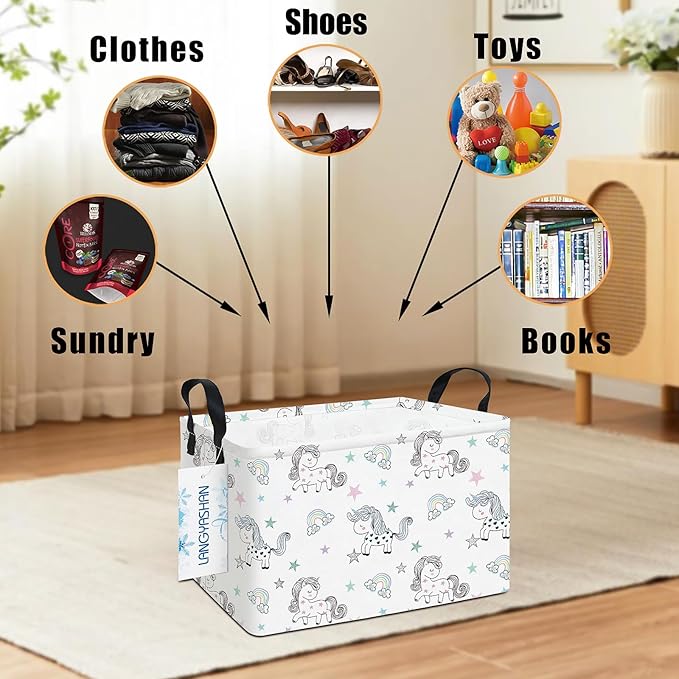 Rectangular canvas storage basket with handles, white unicorn doodle print