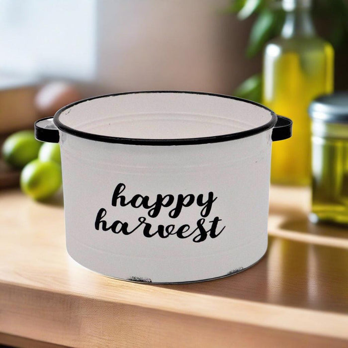 Happy Harvest gift bucket with black handles, empty interior on wooden surface