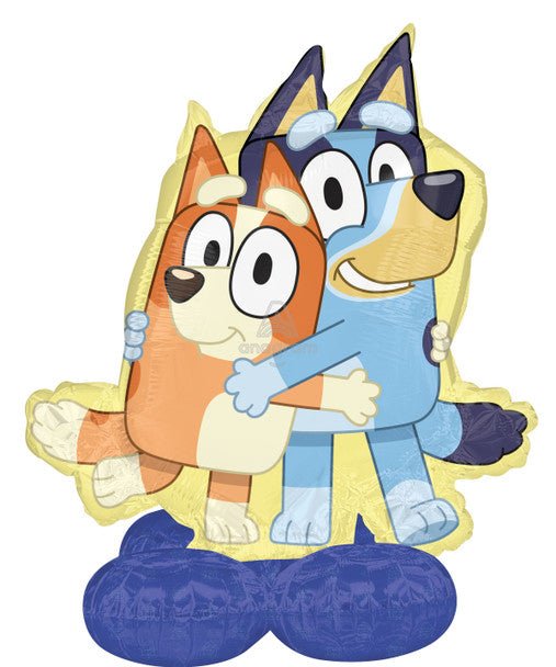 Bluey and Bingo character balloon figures with blue and orange coloring