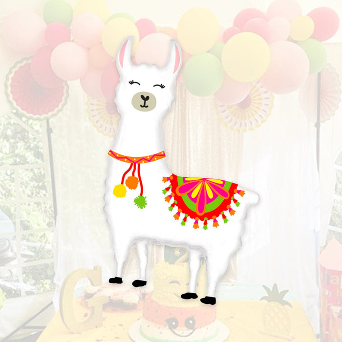 Llama-shaped balloon with white body, green leaf wings, and colorful sash, front view